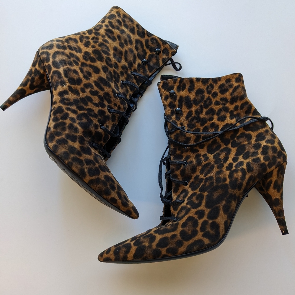 Saint Laurent cheetah print lace up bootie.
